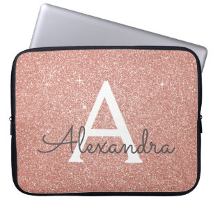 Pink Rose Gold Glitter and Sparkle Monogram Laptop Sleeve