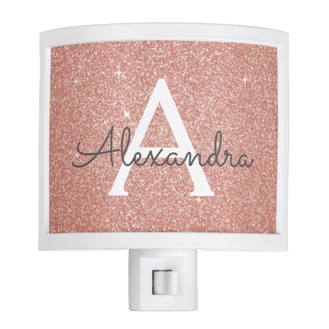 Pink Rose Gold Glitter and Sparkle Monogram Nite Lites (Front)