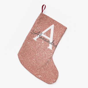 Pink Rose Gold Glitter and Sparkle Monogram Small Christmas Stocking
