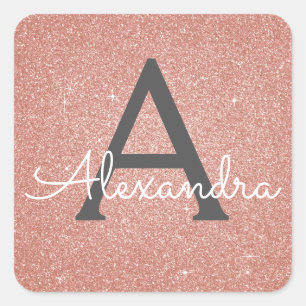 Pink Rose Gold Glitter and Sparkle Monogram Square Sticker