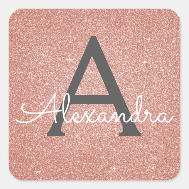 Pink Rose Gold Glitter and Sparkle Monogram Square Sticker (Front)