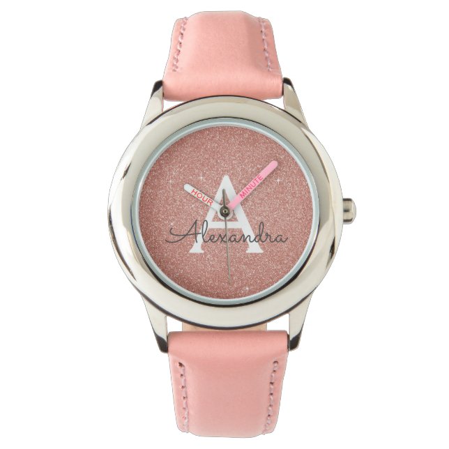 Pink Rose Gold Glitter and Sparkle Monogram Watch (Front)