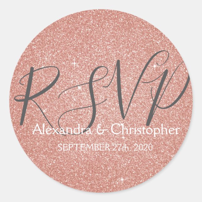 Pink Rose Gold Glitter and Sparkle RSVP Classic Round Sticker (Front)