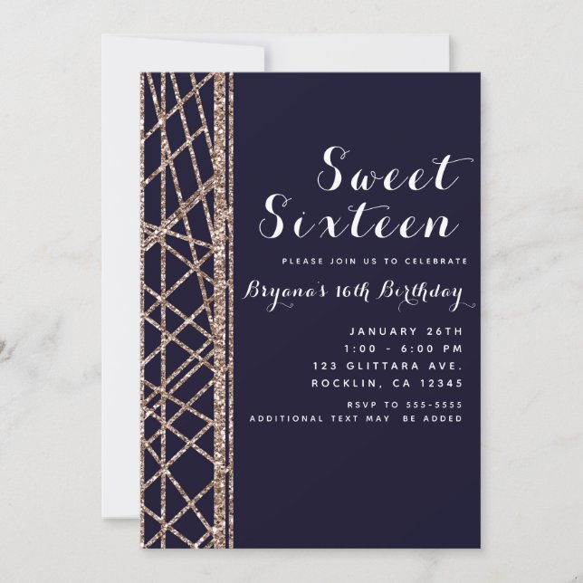Pink Rose Gold Glitter & Blue Glam Birthday Party Invitation (Front)