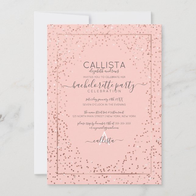 Pink Rose Gold Glitter Confetti Bachelorette Invitation (Front)