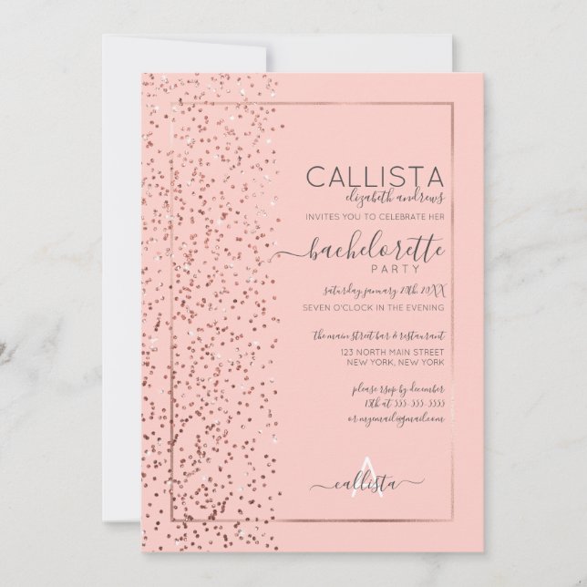 Pink Rose Gold Glitter Confetti Side Bachelorette Invitation (Front)