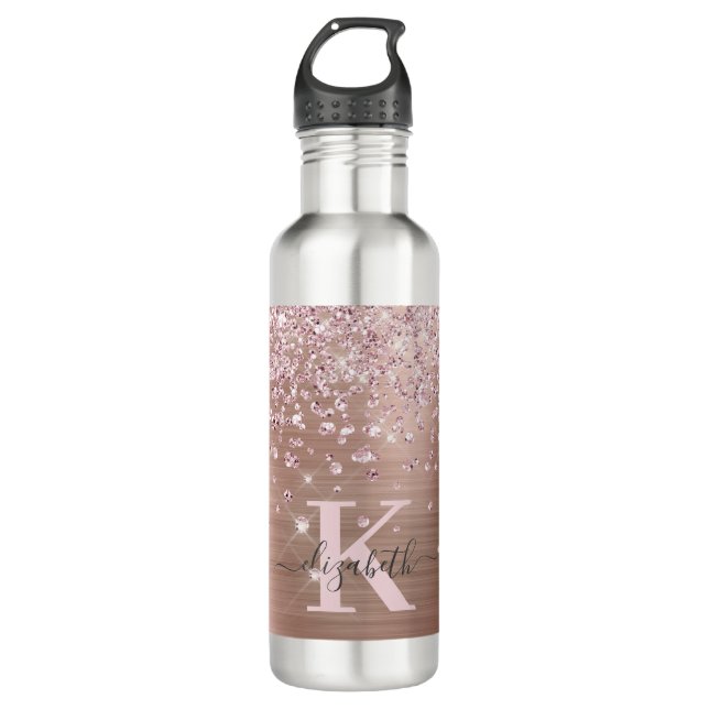 Pink Rose Gold Glitter Diamond Monogram Stainless  710 Ml Water Bottle (Front)