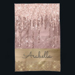 Pink Rose Gold Glitter Drips Custom Name Kitchen Towel<br><div class="desc">Modern, luxury, rose gold glitter dripping on gold and rose gold colour glitter stripes custom monogram kitchen towel. This design features faux sparkle glitter stripes and brushed metal in gold, and blush pink rose gold colour glitter with name or monogram text template. Above light blush pink and rose gold glitter...</div>