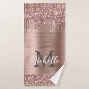 Pink Rose Gold Glitter Drips Elegant Monogram  Bath Towel