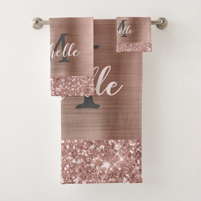 Pink Rose Gold Glitter Drips Monogrammed Feminine Bath Towel Set (Insitu)