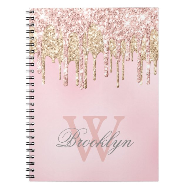 Pink Rose Gold Glitter Drips Name Monogrammed Notebook (Front)