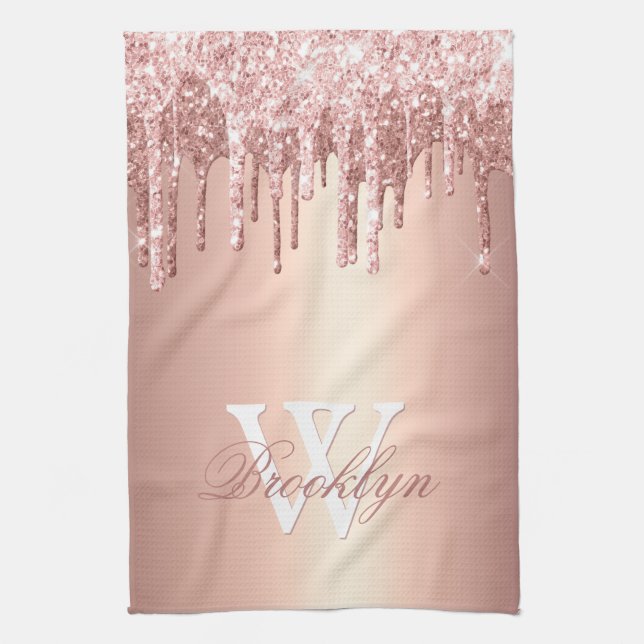 Pink Rose Gold Glitter Drips Pink Monogrammed Kitchen Towel (Vertical)
