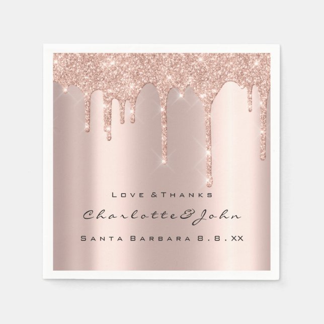 Pink Rose Gold Glitter Drips Spark Wedding Bridal Napkin (Front)