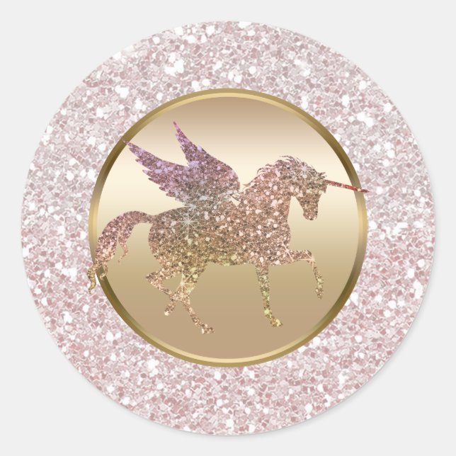 Pink & Rose Gold Glitter Flying Unicorn Favour Classic Round Sticker (Front)