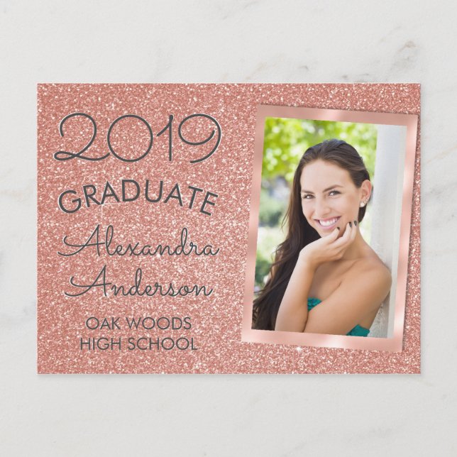 Pink Rose Gold Glitter Graduation Announouncement Announcement Postcard (Front)
