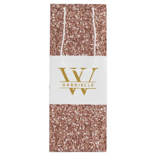 Pink Rose Gold Glitter Initial and Name Favour Wine Gift Bag