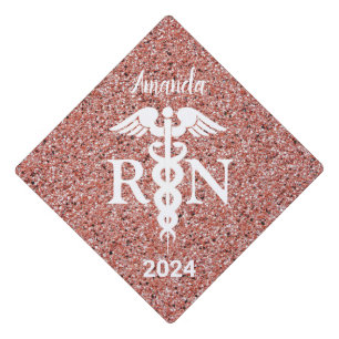 Pink Rose Gold Glitter Medical White Caduceus Graduation Cap Topper