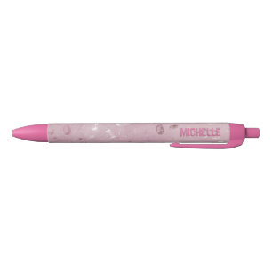 Pink Rose Gold Glitter Monogram Name Michelle Black Ink Pen