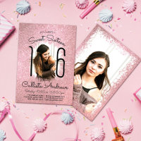 Pink Rose Gold Glitter Ombre Halo Photo Sweet 16