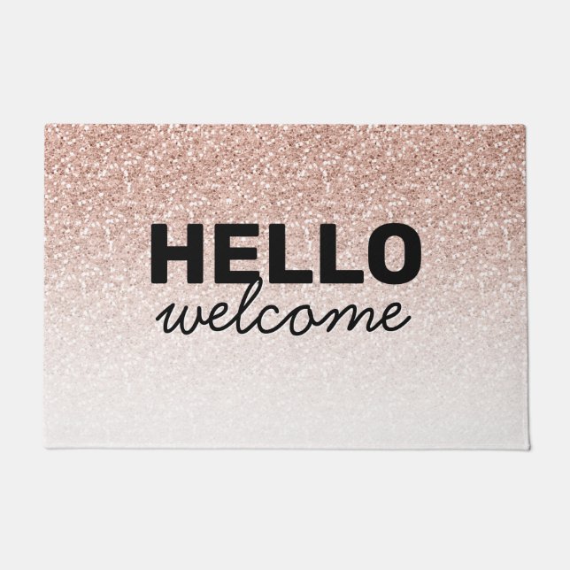 Pink Rose Gold Glitter Ombre Hello Welcome Doormat (Front)