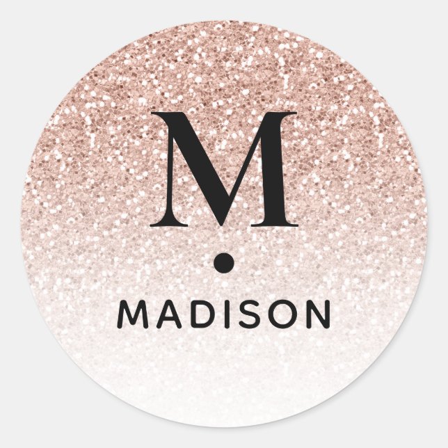 Pink Rose Gold Glitter Ombre Modern Monogram Name Classic Round Sticker (Front)