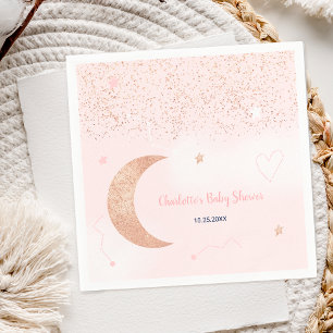 Pink rose gold glitter over the moon baby shower napkin