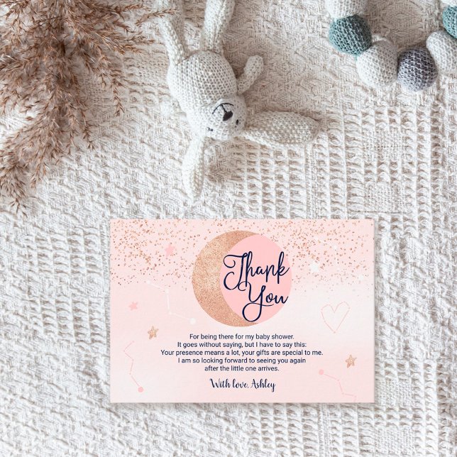 Pink rose gold glitter over the moon baby shower thank you card (Creator Uploaded)