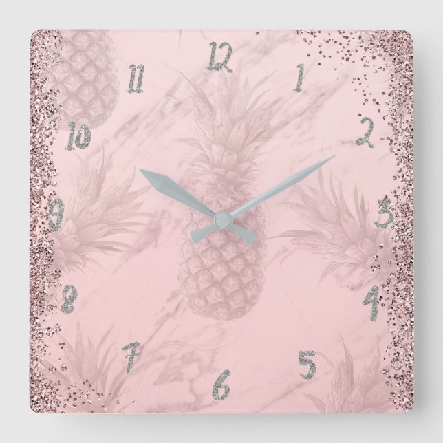 Pink Rose Gold Glitter Pineapple Tropical Chic Square Wall Clock (Front)