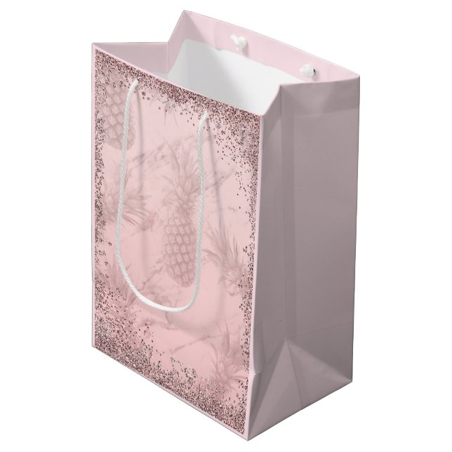 Pink Rose Gold Glitter Pineapple Tropical Party Medium Gift Bag (Front Angled)