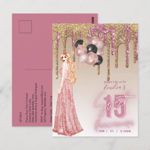 Pink Rose Gold Glitter Quinceanera  Red Hair Girl Postcard