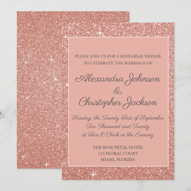 Pink Rose Gold Glitter Rehearsal Dinner Invitation (Front/Back)