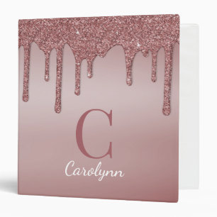 Pink Rose Gold Glitter Sparkle Drips Monogram Binder