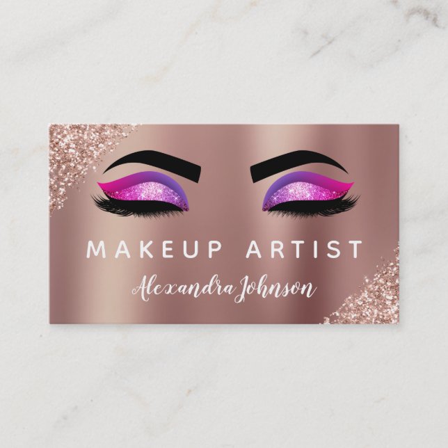 Pink Rose Gold Glitter Sparkle Makeup Artist Business Card (Front)