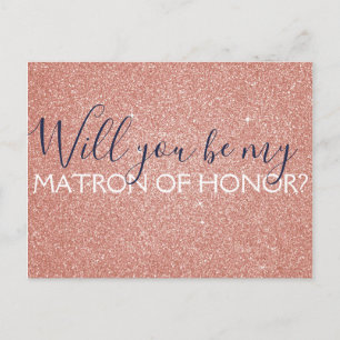 Pink Rose Gold Glitter & Sparkle Matron of Honour Invitation Postcard