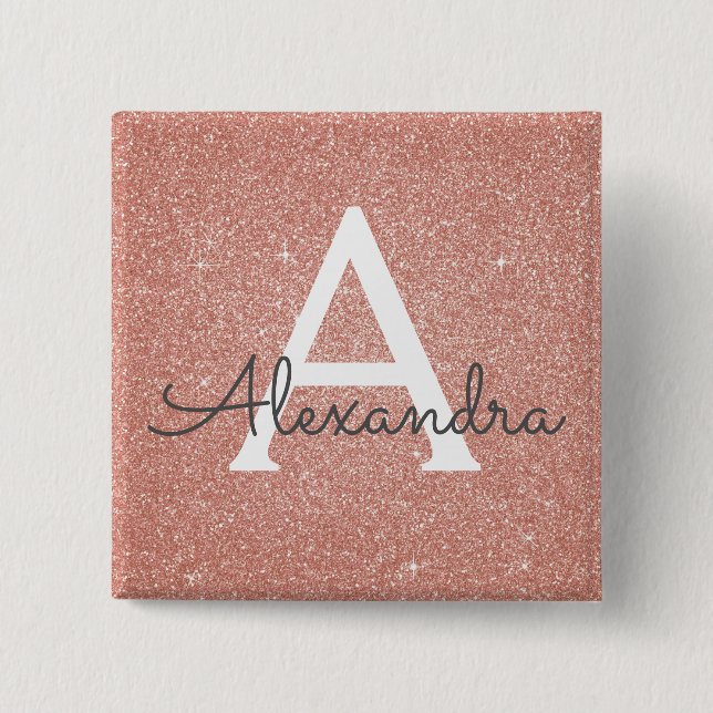 Pink Rose Gold Glitter & Sparkle Monogram 2 Inch Square Button (Front)