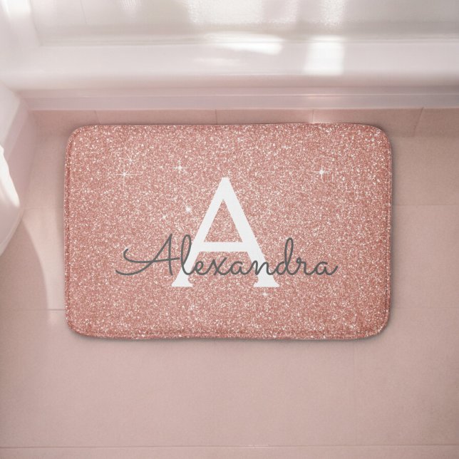Pink Rose Gold  Glitter Sparkle Monogram Bath Mat (Creator Uploaded)
