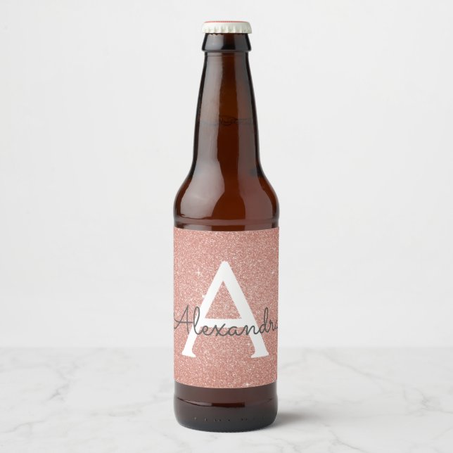 Pink Rose Gold Glitter & Sparkle Monogram Beer Bottle Label (Front)