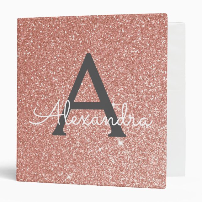 Pink Rose Gold Glitter & Sparkle Monogram Binder (Front/Inside)