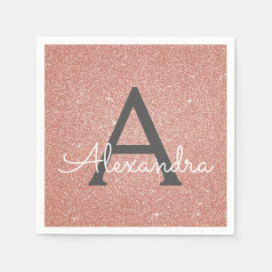 Pink Rose Gold Glitter & Sparkle Monogram Birthday Napkin
