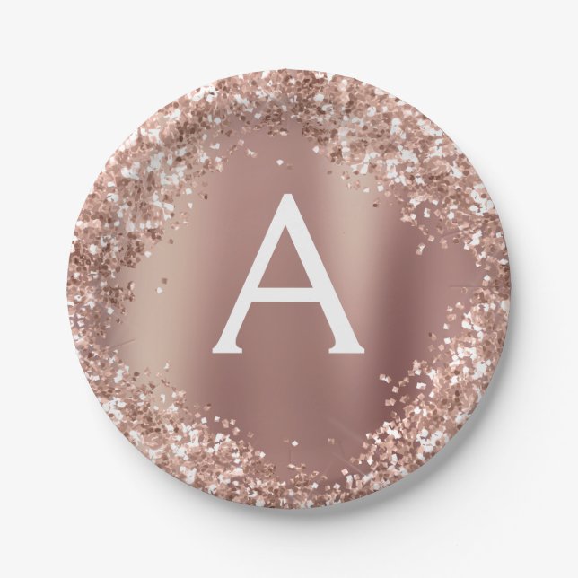 Pink Rose Gold Glitter & Sparkle Monogram Birthday Paper Plate (Front)