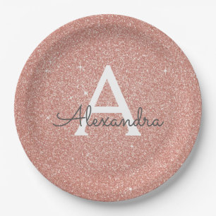 Pink Rose Gold Glitter & Sparkle Monogram Birthday Paper Plate