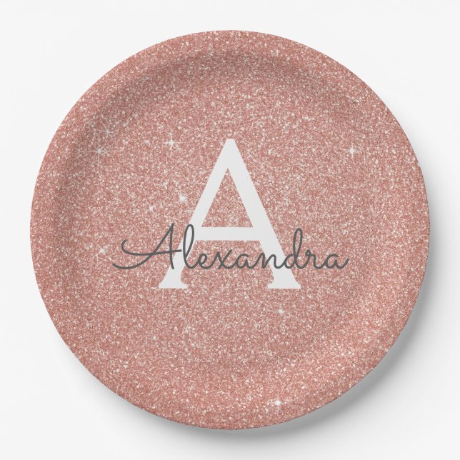 Pink Rose Gold Glitter & Sparkle Monogram Birthday Paper Plate (Front)