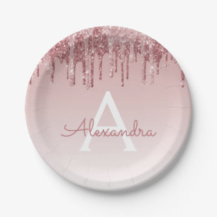 Pink Rose Gold Glitter & Sparkle Monogram Birthday Paper Plate