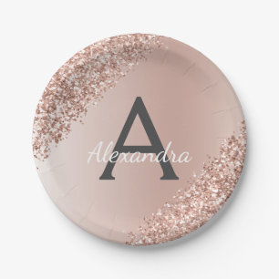 Pink Rose Gold Glitter & Sparkle Monogram Birthday Paper Plate
