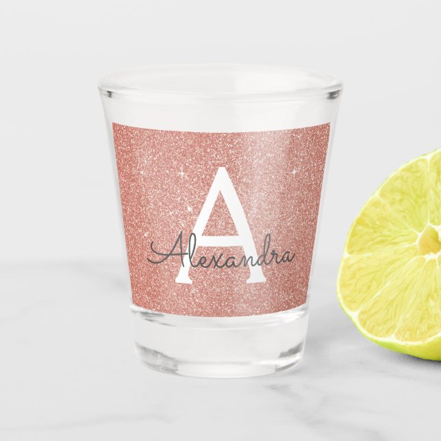 Pink Rose Gold Glitter & Sparkle Monogram Birthday Shot Glass (Front)