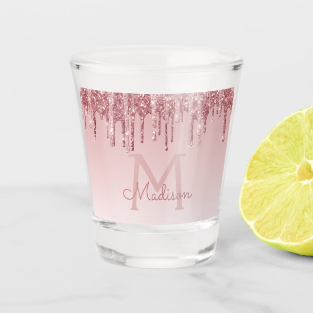 Pink Rose Gold Glitter & Sparkle Monogram Birthday Shot Glass (Front)