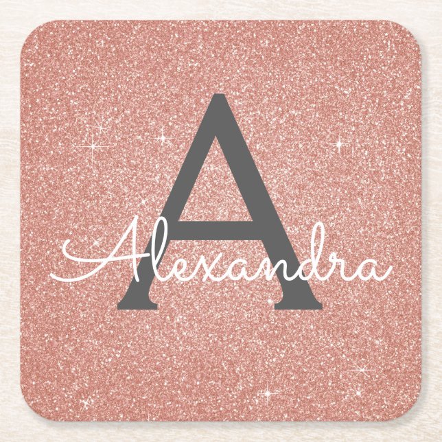 Pink Rose Gold Glitter & Sparkle Monogram Birthday Square Paper Coaster (Front)
