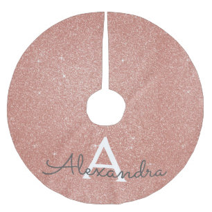 Pink Rose Gold Glitter & Sparkle Monogram Brushed Polyester Tree Skirt