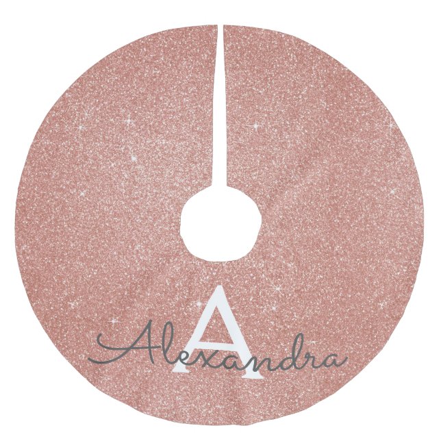 Pink Rose Gold Glitter & Sparkle Monogram Brushed Polyester Tree Skirt (Front)