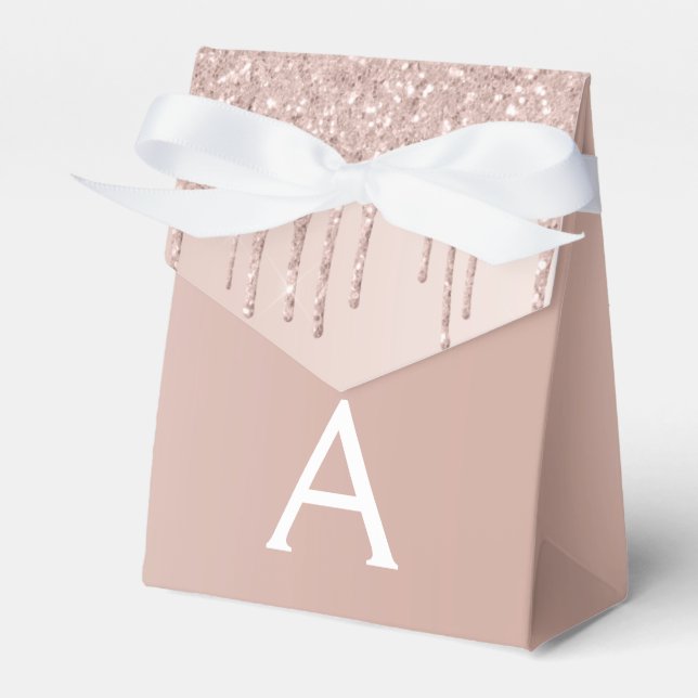 Pink Rose Gold Glitter & Sparkle Monogram Favor Box (Front Side)